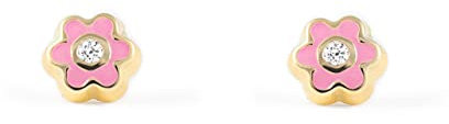 Mondepetit - Orecchini bambini ragazza Smalto rosa chiaro fiore margherita Zircone Oro Giallo 18K - Scatola Regalo - Certificato di garanzia