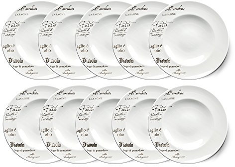 10er SET CreaTable - EUROPA GUSTOSO - Pastateller 27 cm aus Porzellan mit Schriftdekor