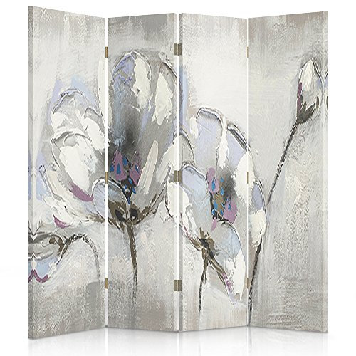 Feeby Paravent Blumen Shabby Chic 145x180 cm 4 Teilig Modern Design beidseitig Raumteiler Wandschirme Foto Trennwand Raumtrenner Sichtschutz Spanische Wand auf Leinwand Bedruckt Vintage Mohn Weiß Pink