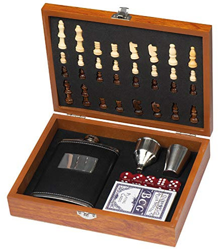 noTrash2003 Juego de petaca y juego de póquer y dados en caja de madera con juego de ajedrez, el juego perfecto para hombres