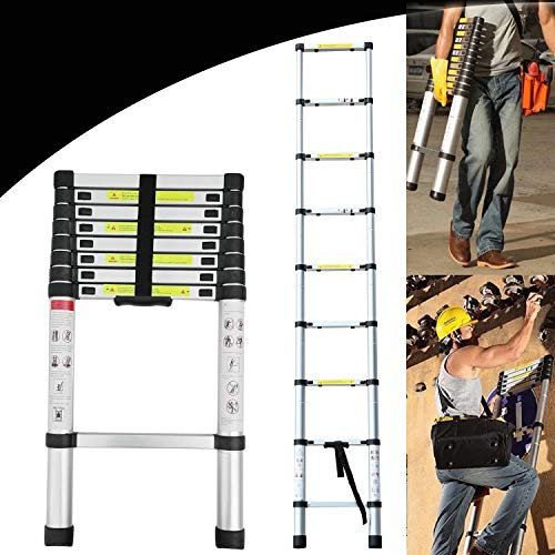 8.5Ft 2.6M Extendable Alminium Ladder Telescopic Folding Extending Portable 9 Steps Loft Extension Ladder DIY Multi Purpose, 330lbs Load Capacity, EN131 Certified