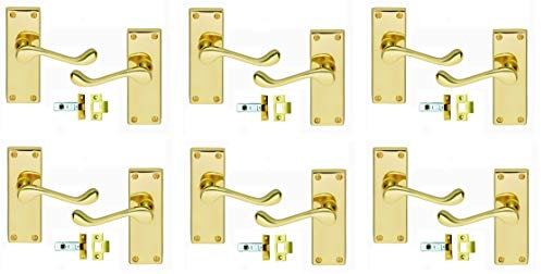 Golden Grace Victorian Scroll Polished Brass Door Handle and Latch Set 120mm Back Plate (6)