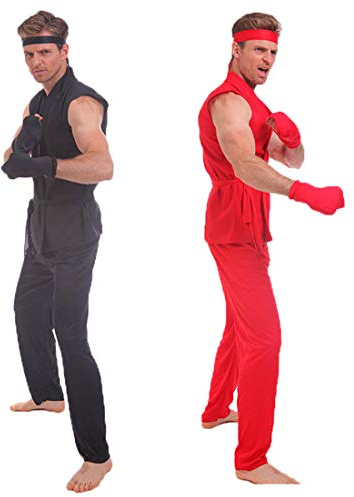 Men's Karate Fighter Costume Martial Artist Sleeveless Taekwondo Uniform Kung Fu Suit Halloween Fancy Dress (Black)