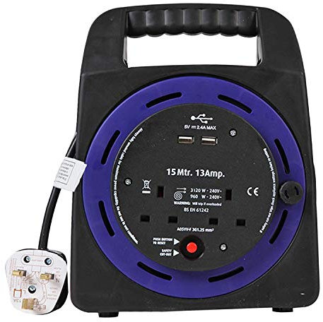 Ex-Pro 2 Way 15M Mains Socket Cassette Reel Extension Lead Cable with 2X USB Charging Ports and Safety Cut-Out Switch 13A - Ideal for Workshops, Offices, Warehouses, DIY and More - Black/Blue