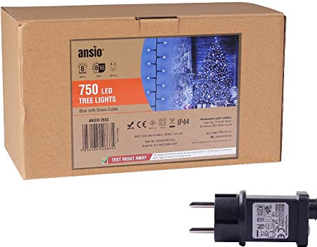 ANSIO® Luci Natale Esterno 18.75m 750 LED Luci Albero di Natale Natalizie Luminose Blu Luci Natalizie da Esterno/Interno Ideale per Mantello, Balcone Lucine Luminoso
