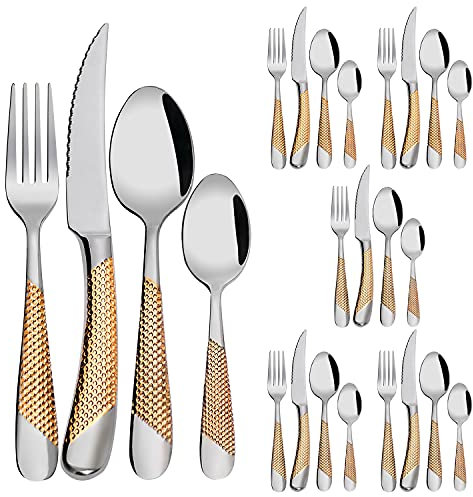 Service de couverts de 24 pièces, en acier inoxydable doré, service pour 6 personnes, couverts miroir, fourchettes et cuillères à soupe, couteaux, sans nickel, argenté