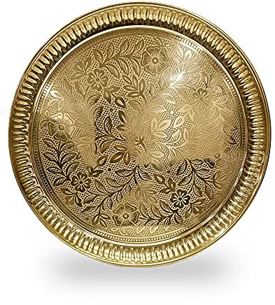 CRAFTSMAN 10 Inch Pure Brass Nakshi Flower Design Embossed Aarti Puja Nakashi Thali Platter Prasad Chandan Karwachauth Diwali Indian Festival Hindu Rituals Mandir Temple Pooja Plate