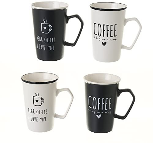 TIENDA EURASIA® Pack 4 Tazas de Desayuno Diseño Café - Tazas de Porcelana 420cc - 12 x 8,70 x 12,80 cm