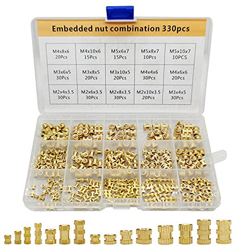 HAWKUNG 330 Stück Mutterneinsätze aus Messing M2/ M3/ M4/ M5 15 Größen Rändelmuttern Einbettmuttern Sortiment Kit mit Innengewinde, Einpressen in Löcher für 3D Drucke und Weitere Projekte