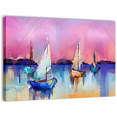 Quadri L&C ITALIA Quadro Mare e Barche Astratto 2 - Stampa su Tela 100 x 70 per Soggiorno Camera da Letto Cucina Canvas da Parete Grande con Barca Vela Astratto