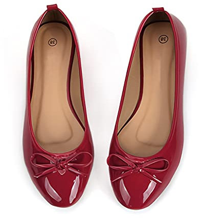 Dernolsea Womens Ballet Flats, Patent Leather Bow Round Toe Foldable Flat Slip On Pumps Dolly Ballerina Shoes Wine Red Size 4