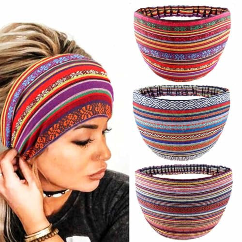 Zoestar Boho-Stirnbänder, breit, Yoga, gestreift, Vintage-Turban, Bandeau-Kopftuch, dehnbar, stilvolle Haarbänder für Damen und Mädchen, 3 Stück (A)