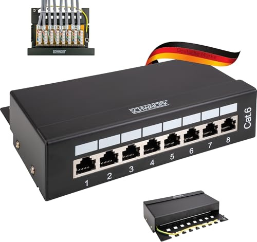SCHWAIGER NWPP8 011 Patchpanel CAT 6 Verteilerfeld 8X RJ45 Buchse Patchfeld Netzwerk LAN Ethernet-Verteilung Netzwerkkabel Tischmontage Wandmontage schwarz