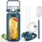 BLUEGO 2L Gourd en verre Avec paille Marqueur de temps Bouteille d'eau Motivation avec manchon en silicone 2 litres Grande carafe d'eau en Verre pour Gym, sports et entraînement, Bleu foncé