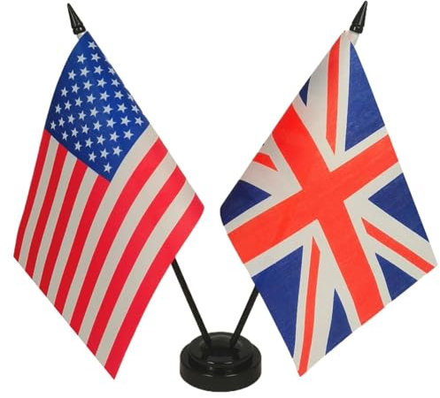 Zigvert US American & Britain Friendship Table Flag Display, American & Britain Table Flag, American & UK Twin Table Flag Set-Miniature American & UK Desktop Flag