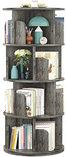 Aheaplus Drehbares Bücherregal, 360 Grad Display-Eck-Regal für Kleinen Raum, 4 Etagen, Freistehend, Aufbewahrungsregal, Holz, Schmal, Arbeitszimmer, Graue Eiche