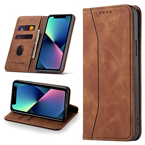 Leaisan Handyhülle für iPhone 13 Mini Hülle Premium Leder Flip Klappbare Stoßfeste Magnetische [Standfunktion] [Kartenfächern] Schutzhülle für iPhone 13 Mini Tasche - Braun