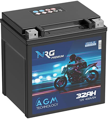 NRG Premium YB30L-B AGM Motorradbatterie 32Ah 12V 430A/EN 53040 HVT-02 YIX30L-BS ersetzt 30Ah 33Ah Batterie auslaufsicher wartungsfrei