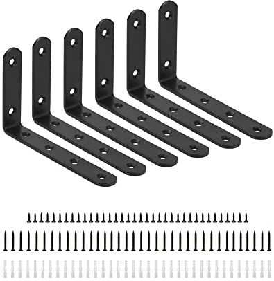 QWORK 6 Stück Winkelverbinder, L Form Winkel Halterung, Schwarz, Mit Schrauben und Expansionsrohren, 120 * 75 * 20 mm