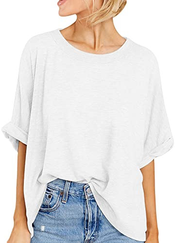 GeGekoko Damen T-Shirt Sommer Kurzarm Rundhals Oberteil Locker Frauen Casual Lose Tops Elegant Bluse,Weiss,M