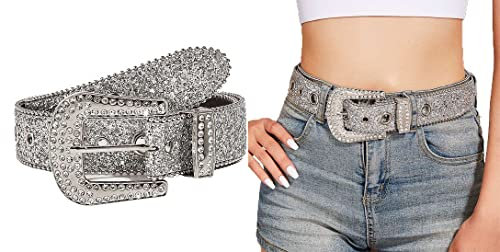 INOGIH Glitzer-Gürtel im Cowboy-Stil mit Strasssteinen, luxuriös, glitzernd, mit Strasssteinen besetzt, für Jeans, Hosen, Kleid, silber, 105cm/Suit for 28''-37'' Waist
