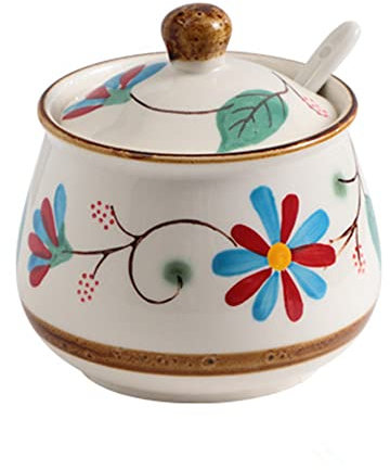 Sucrier en céramique, 320ml/8 oz pot à épices vintage avec cuillère et couvercle, rangement pot condiments cuisine pour sel, sucre, thé, café