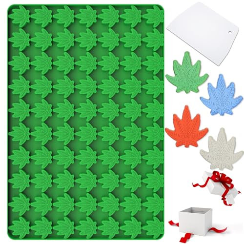 Moules en silicone en forme de feuille de chanvre avec 70 cavités en forme de marijuana pour chocolat, bonbons, gomme, avec grattoir de cuisson