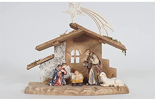 OVUNQUE PROTEGGIMI Krippe komplett aus Holz mit handgeschnitzter Hütte, Weihnachtsfiguren hergestellt in Gröden (5 Stück)