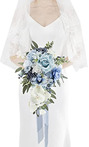 Ansofi Dusty Blue Hochzeitssträuße für Braut, künstliche Rosen, kaskadierender Brautstrauß für Hochzeitszeremonie, Jahrestag, Brautdusche und französische rustikale Vintage-Boho-Hochzeit