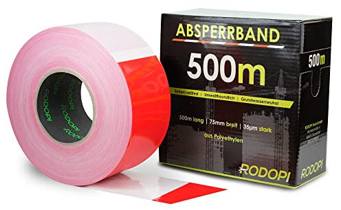 RODOPI Absperrband AreaGuard 500m x 75mm Flatterband rot weiß 50µm Warnband Reißfest Trassierband zum absperren von Baustellen Sperrband gestreift (8 Rollen (4000m))
