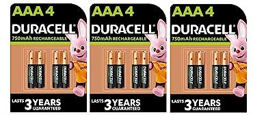 12X Duracell AAA Ricaricabili 750 mAh (3 Blister Da 4 Batterie) 12 Pile Ministilo Ricaricabili