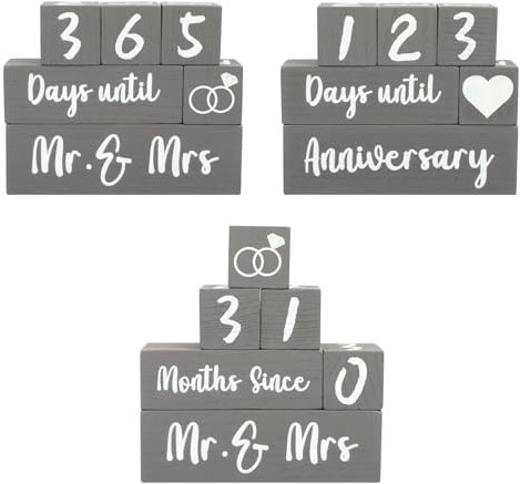 Hochzeits-Countdown-Schild, Holzblöcke Hochzeitstag Countdown-Kalender, Verlobungsgeschenke für Paare, Hochzeitstag, personalisierte Geschenke für Braut und Bräutigam (Grau)