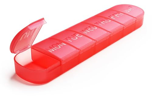 Großen Tablettenbox 7 Tage, FHORAIN Medikamentenbox Tragbarer Pillendose Deutsch, BPA-freier Tabletten Organizer für Fischöl, Medikamente, Vitamine,Nahrungsergänzungsmittel (Rot)