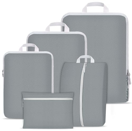 Kompressions Packwürfel Set für Koffer, Gepäck Reise Organizer Set,Reise Kleidertaschen,Koffer Organizer Set,Packtaschen für koffer,Wasserdicht Packing Cubes Travel Essentials(Grau 5 Stück)