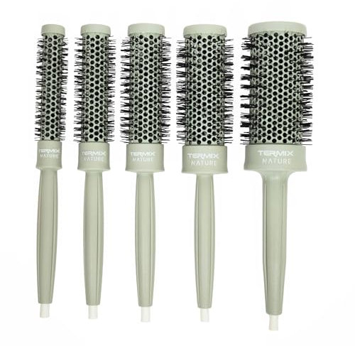 TERMIX - Pack Cepillos Redondos Profesional Nature| 5 Uds.(Ø17, Ø23, Ø28, Ø32, Ø43)| Purificación de Aire con Tecnología PURE TECH |Cepillos Térmicos de Cerámica con Fibras Ionizadas |Mango Ergonómico