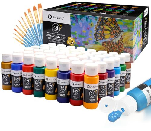 Artecho Pinturas Acrilicas 48 × 59 ml con Pincel de 10 Piezas, Acrylic Paint Set, no Tóxico, Impermeable y Resistente a la luz, para Lienzos, Tela, Madera, Cristal, Piedras.