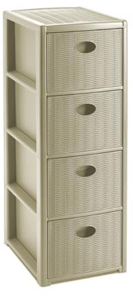 Rollbarer Schubladenschrank aus Kunststoff in Rattan-Optik mit 4 Schubladen. Maße: 30x40x81 cm. In verschiedenen Farbe (Kaschmir Beige)