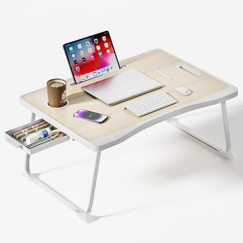 Warmiehomy Laptop Bed Table, Portable Laptop Desk with Handle, Foldable Laptop table with Desktop Card/Cup Slot, Side Drawer for Sofa, Notebook Stand Foldable Tray for Eating Reading Working(Maple)