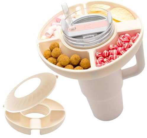 Snackteller mit Deckel für Stanley Cup 40oz, Snack Schale kompatibel mit Stanley Quencher 40oz Tumbler, Silikon Snack Tablett mit 4 Fächern, für Nüsse, Lebensmittel für Stanley Cup-Zubehör (Weiß)