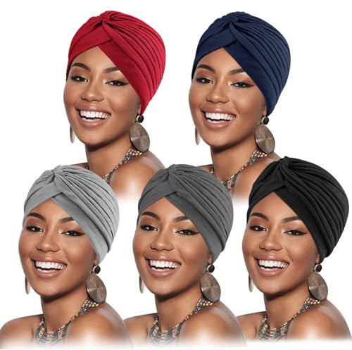 DRESHOW 5 Stücke Afrikanischen Turban für Damen Soft Vorgebunden Knot Mode Plissee Turban Hut Mütze Kopfwickel Schlafmütze
