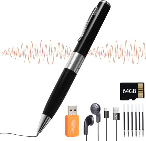 Enregistreur Vocal Numérique 64Go Enregistreur Vocal Stylo avec Lecteur de Carte, avec 576 Heures de Capacité D'enregistrement pour Réunions Conférences Interviews, Dictaphone Portable (Noir)