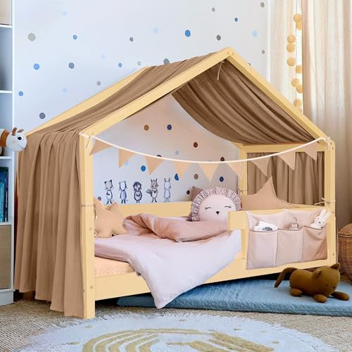 Hausbett Himmel Deko Set, Betthimmel Hausbett aus Musselin - 1 Betthimmel & 1 Wimpelkette, für Jungen Mädchen Deko für Kinderzimmer, Baldachin Kinderzimmer Deko I 135 x 320cm Dunkelbeige