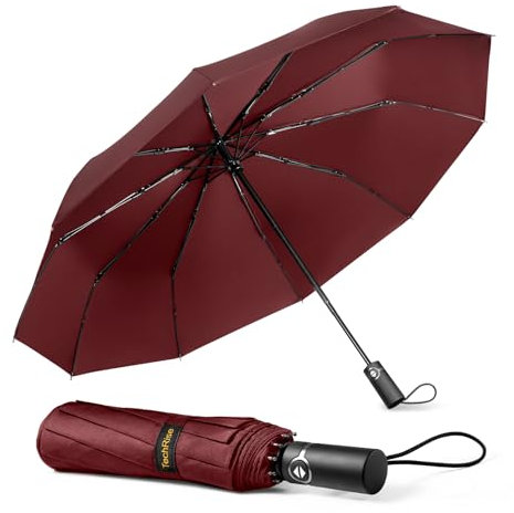 TechRise Parapluie Pliable, Parapluie Automatique Compact Coupe-vent avec 10 Baleines, Ouverture et Fermeture Automatiques à un Seul Bouton, Parapluie de Voyage Portable pour Hommes et Femmes, Rouge