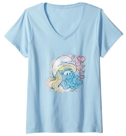 Damen The Smurfs Smurfette Hearts Smurfin Kiss Retro Chest Logo T-Shirt mit V-Ausschnitt