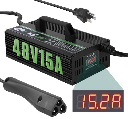 Golf Cart Charger, 48 Volt, EZGO RXV & TXT 15 Amp with LCD Display, EZGO, Golf Cart Battery Charger, 48V for Lead-Acid Battery, 16ft Cord,