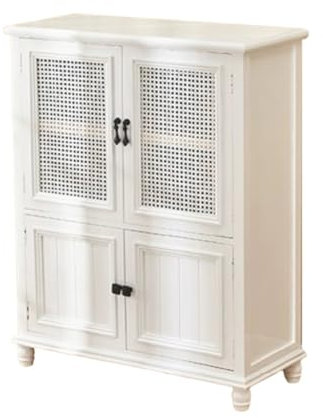NEWCIX Sideboard Aus Massivholz, Moderner Rattanschrank, Kaffeebarschrank Küchenschrank, Bauernschrank Sideboard Mit Verstellbaren Regalen(Weiß)