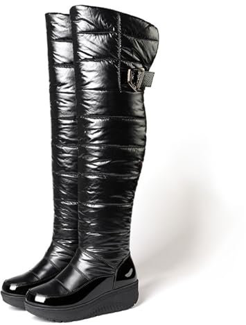 aixizi Overknee-Schneestiefel zum Reinschlüpfen, Plateau-Keilstiefel mit geradem Absatz, V-Ausschnitt, glänzende hohe Stiefel, warme Plüsch-Langstiefel wasserdichte,Schwarz,42.5 EU
