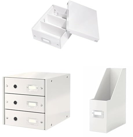 Leitz Click & Store Set - Ordnung auf dem Schreibtisch, Aufbewahrungsbox mit Trennwänden & Deckel Klein + Schubladenset + Stehsammler, Für Büro oder Haushalt, Weiß, 60570001 + 60480001 + 60470001