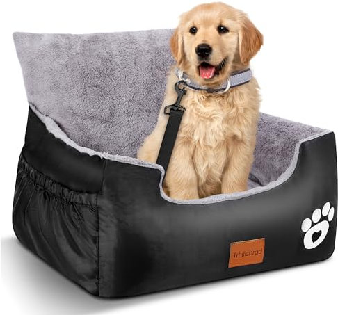 Hunde Autositz, 55x30x30cm, 1 Ansteckbare, Verstellbare Sicherheitsleinen, Auto-Hundebett für 2 kleine Hunde, komplett Abnehmbarer und Waschbarer Autositz für Haustiere mit 2 Aufbewahrungs
