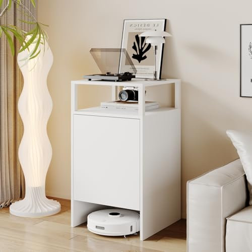 DEZAGCE Armoire de rangement pour balayeuse, petit rangement, multifonctionnelle, avec 1 étagère ouverte et une armoire pour bar à eau, table d'appoint, 80 x 44,4 x 45 cm, blanche, MDF